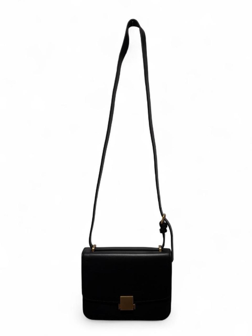 Quince Italian Leather Box Shoulder Bag in Black with Gold Hardware